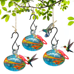 Pozfun front view of three hanging feeders showing bright colors and multiple feeding ports, invites birds
