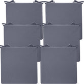 Preboun front view of six dark gray cushions showing neat stack and uniform look