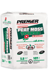 Premier peat moss front bag showing brand and 3.8 cu ft size for easy identification and storage