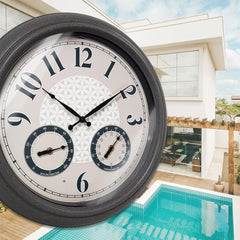 Presentime mounted by pool demonstrating water-resistant seal and outdoor protection benefit
