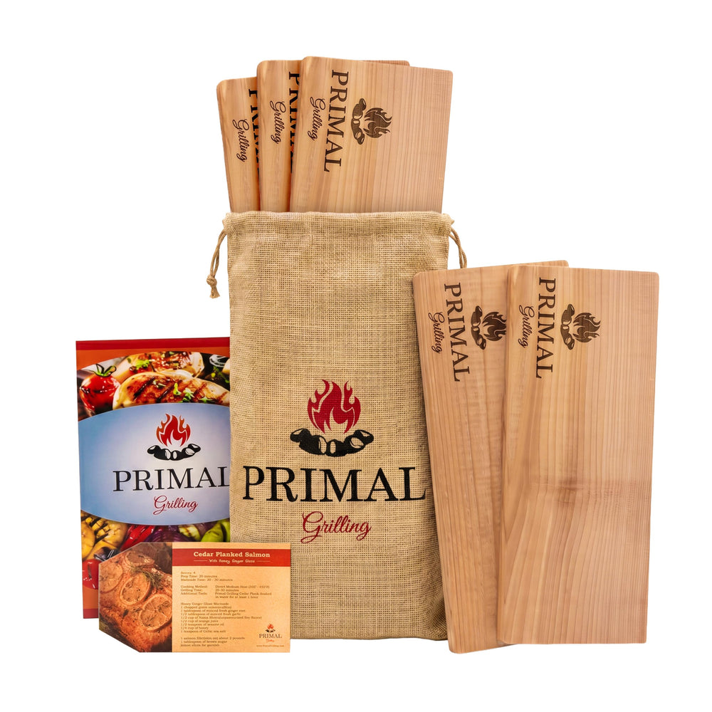 Primal Grilling front packaging showing five cedar planks and product branding benefit