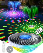 ProSplash front view floating fountain showing decorative lights and spray benefit