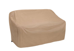 Protective Covers two-seat glider cover front view in tan showing full protection and neat fit