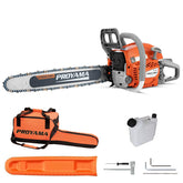 PROYAMA chainsaw front view showing full unit and ergonomic grip for control