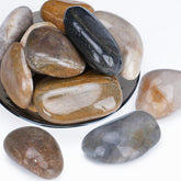 Pulovin front packaging showing 20 lb bag and polished river rocks benefit durable finish