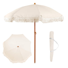 Punchau umbrella front view showing boho fringe and compact shade