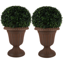 Pure Garden front view of two brown urn-style planters showing classic look and lightweight benefit