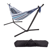 Pure Garden front view of blue stripe hammock with stand showing easy setup and comfort