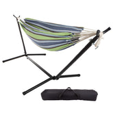 Pure Garden front view showing full double hammock and striped cotton bed for comfortable lounging