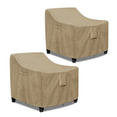 PureFit front view of two chair covers protecting patio furniture, shows full coverage benefit