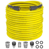 Purilitzs front view of 100ft yellow pressure washer hose shows long reach and durability