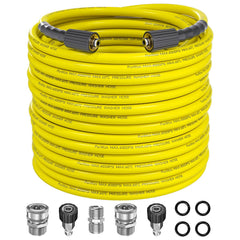 Purilitzs front view of 100ft yellow pressure washer hose shows long reach and durability