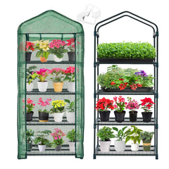 Purlyu front view full setup showing compact greenhouse protecting multiple pots