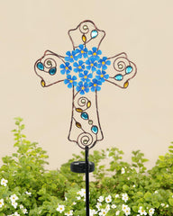 Putuo Decor front view of solar cross stake showing elegant blue flower and light, adds calm ambiance