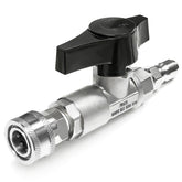 PWACCS ball valve front view showing compact stainless-steel build and quick-connect ends for durable inline control