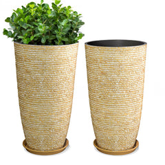 QCQHDU front view of two beige planters showing elegant tall profile and curb appeal