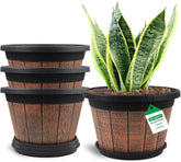 Quarut front view of four 14-inch whiskey barrel planters showcasing rustic style and matching set benefit