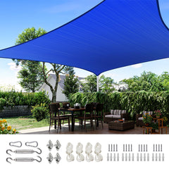 Quictent front packaging showing blue 24x24ft sail and hardware, visual convenience