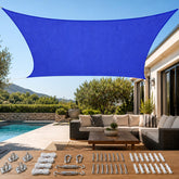 Quictent front packaging showing blue shade sail and included hardware benefits coverage