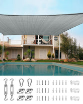 Quictent front packaging showing gray sun sail and included kit for quick setup