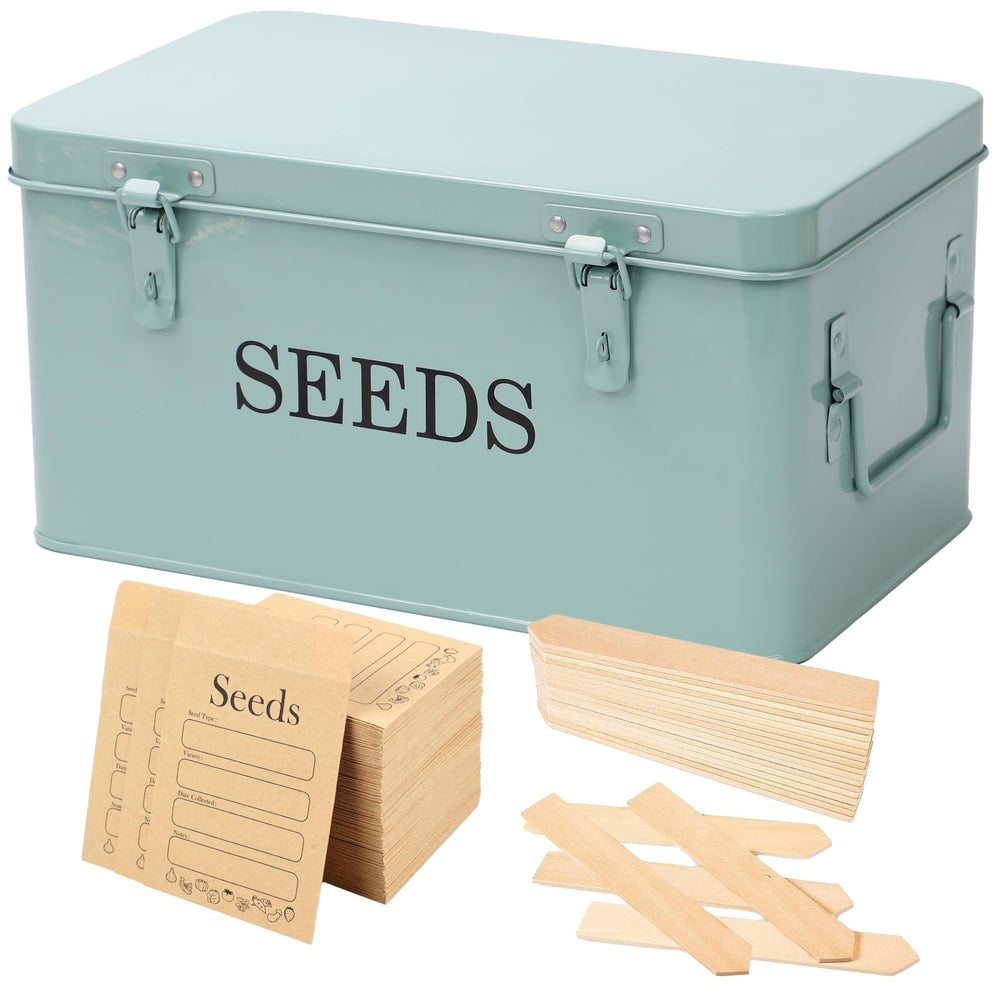 QUILIVIK front view green metal seed box showing secure storage