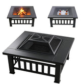 Quilushey front view of square fire pit table showing compact outdoor centerpiece and durability
