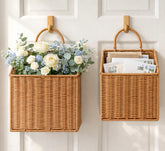 Quincry front view of both hanging baskets showing rustic doorway styling and charm