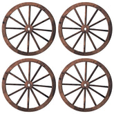 Qunclay front view of four wooden wagon wheels adding rustic flair
