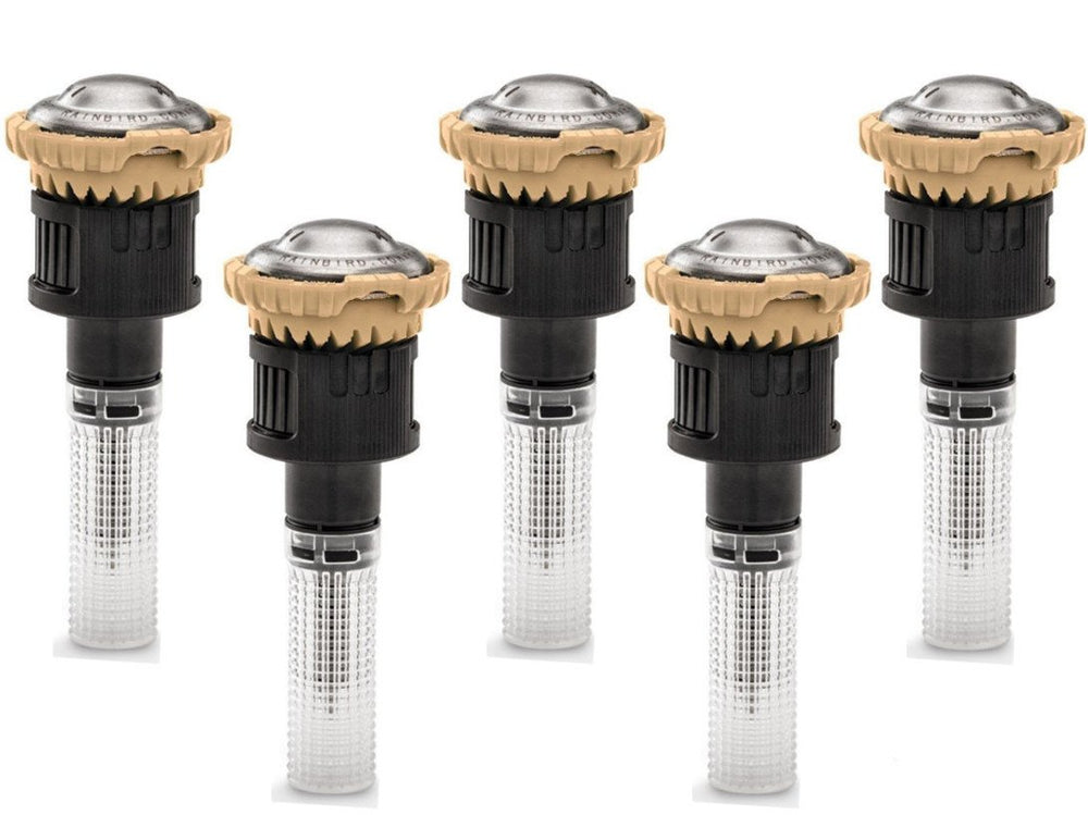 Rain Bird rotary nozzle five-pack front view showing compact packaging and quick install benefit