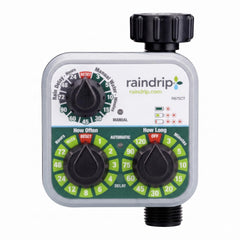 Raindrip R675CT front view showing controls and weatherproof casing for easy use