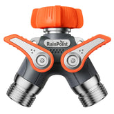 RAINPOINT front view of metal splitter showing sturdy build and dual outlets