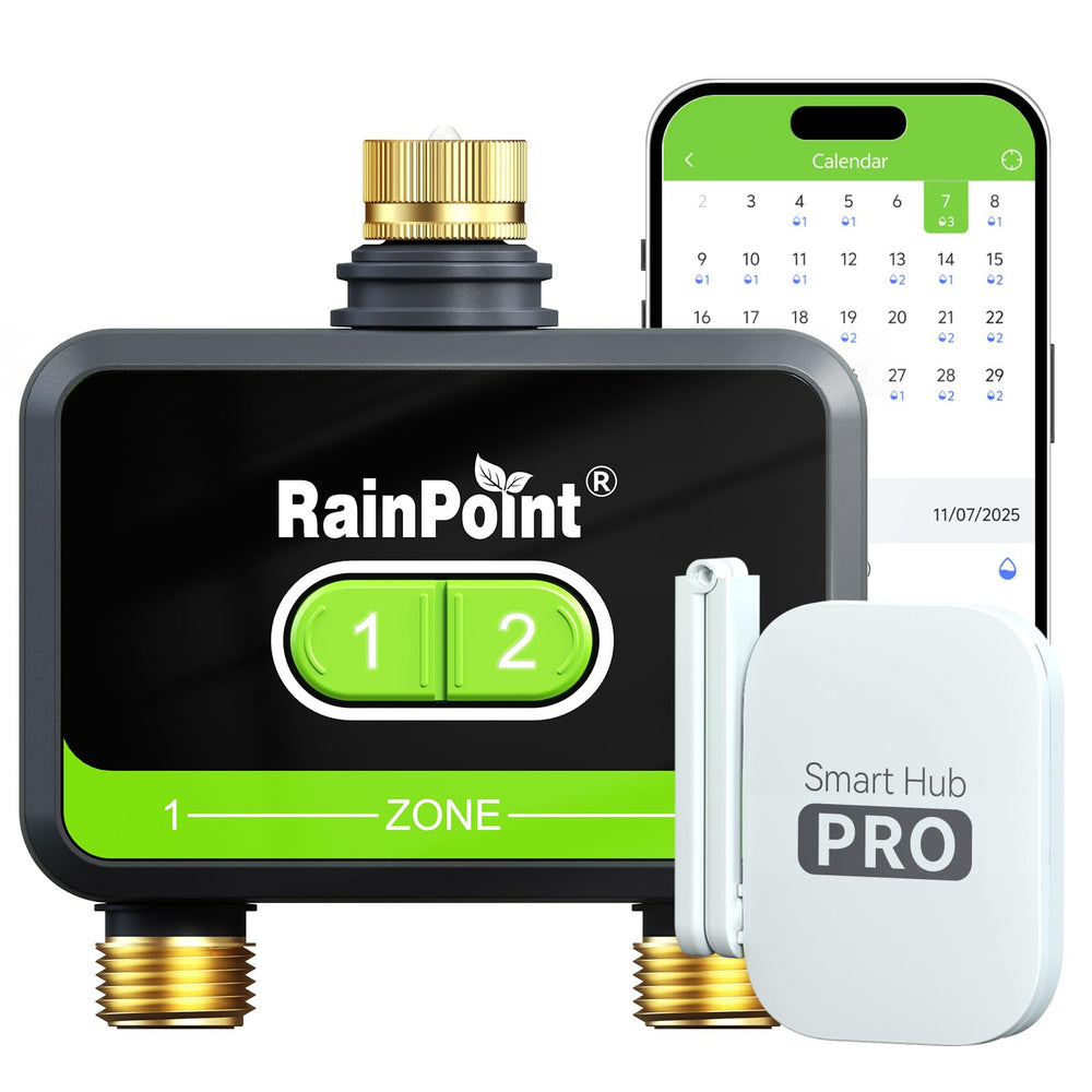 RainPoint front view of the two-zone WiFi water timer showing controls and display, reliable automation