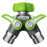 RAINPOINT front view showing compact two-way metal splitter and shutoff valves for durability