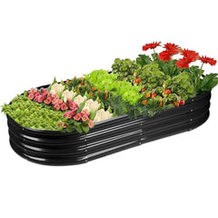 Rakukiri front view of oval galvanized planter showing durable structure and curb appeal