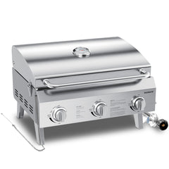 Raxmate front view of grill showing compact stainless steel housing and carrying handle for portability
