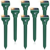 RC Tech Trading front pack of eight solar mole repellent stakes showing kit contents and branding for easy yard protection