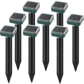 RC Tech Trading front packaging showing eight solar mole repeller stakes and benefits