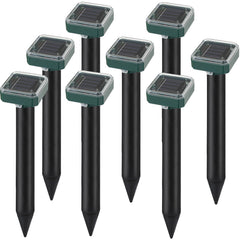RC Tech Trading front packaging showing eight solar mole repeller stakes and benefits