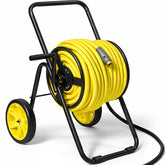 Real Hose Storage front view of metal reel cart showing compact storage benefit