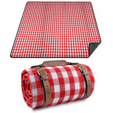 RealPero front view showing red plaid blanket and neat folded carry strap for easy transport