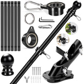 REERON front view of 7ft black flag pole kit showing complete assembly and benefits
