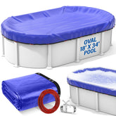 REGMICS front view of oval winter pool cover showing full packaging and fit benefit