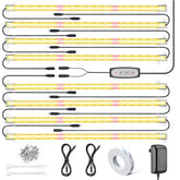 Relassy front view of pack and eight grow light strips showing full kit benefits