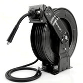 Relhost front view of reel showing sturdy steel frame and 65 ft hose for organized storage