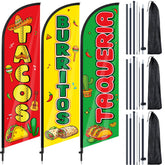 Remagr front view of taco and burrito feather flag showing bold design and curb appeal