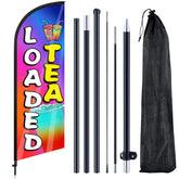 Remagr front view feather flag showing Loaded Tea design for bold curbside branding