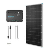 Renogy 100W panel front view showing durable frame and branding, dependable outdoor power