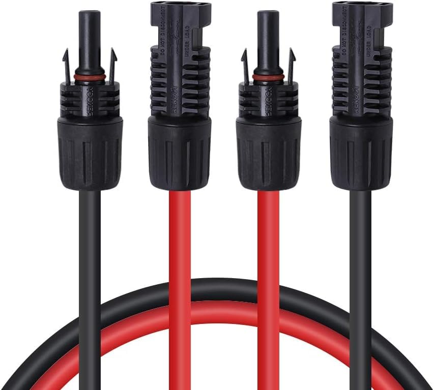 Renogy front view of 20ft 10AWG extension cable pair showing connectors and colors, provides quick identification