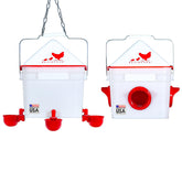 RentACoop front view of full feeder and waterer set showing convenience