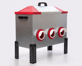 RentACoop front view of full 65 lb feeder showing capacity and accessibility
